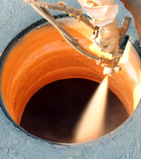 Polyurea spray lining being applied inside a manhole - manhole rehabilitation process